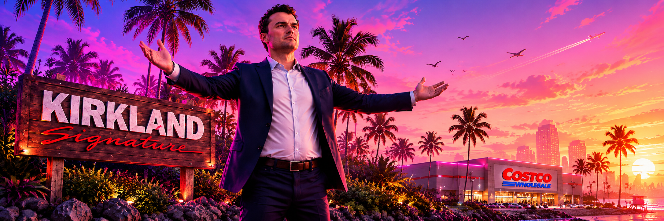 Kirkland Signature tropical sunset scene with the Kirkland character, palm trees, and warehouse